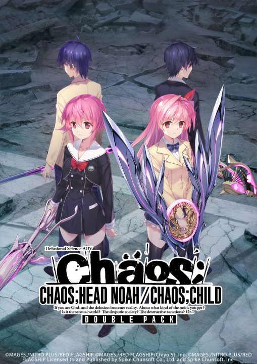 CHAOS;HEAD NOAH and CHAOS;CHILD Double Pack artwork of two girls and two boys back to back holding futuristic fantasy weapons in a ruined city street