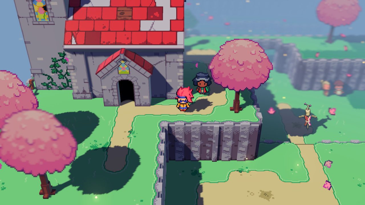 Cassette Beasts overworld screenshot of the player standing next to a church and cherry tree.