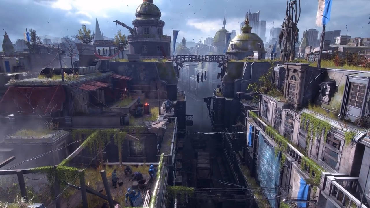 Cityscape in Dying Light 2 with several walls, catwalks, and a central bridge.