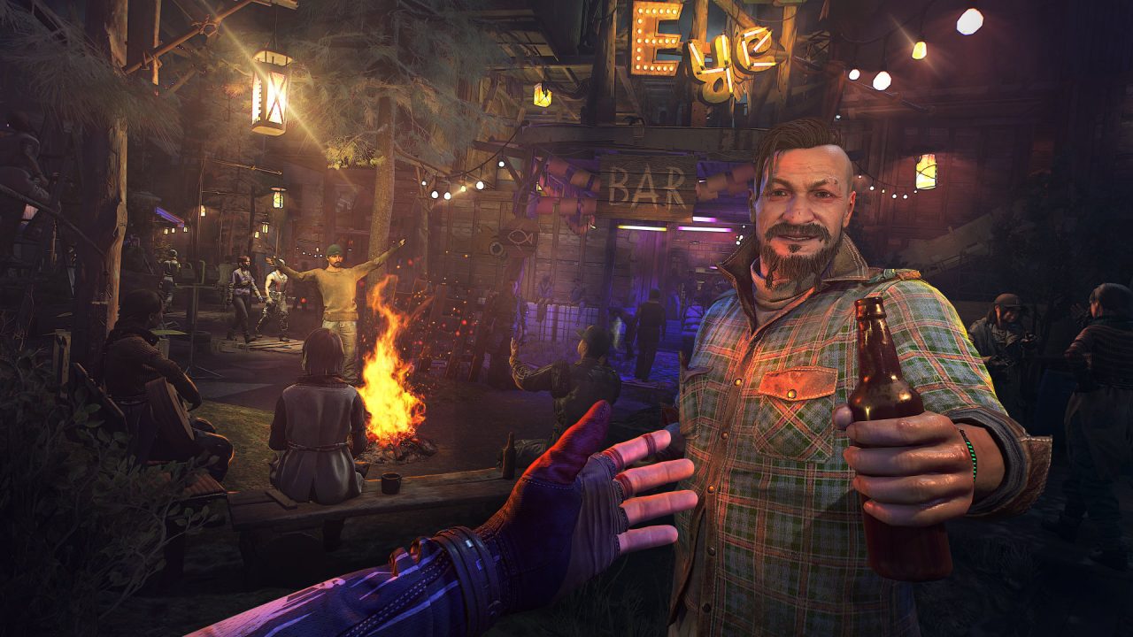 Relaxing at night outside a makeshift bar with the player character exten