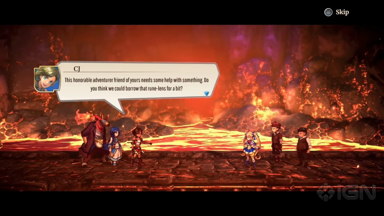 A screenshot in a dungeon in Eiyuden Chronicle Rising where CJ is talking to a group in a lava cave.