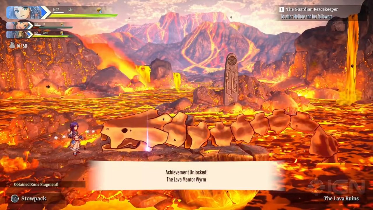 A screenshot from Eiyuden Chronicle: Rising of a character looking at a boss after defeating it while surrounded by lava.