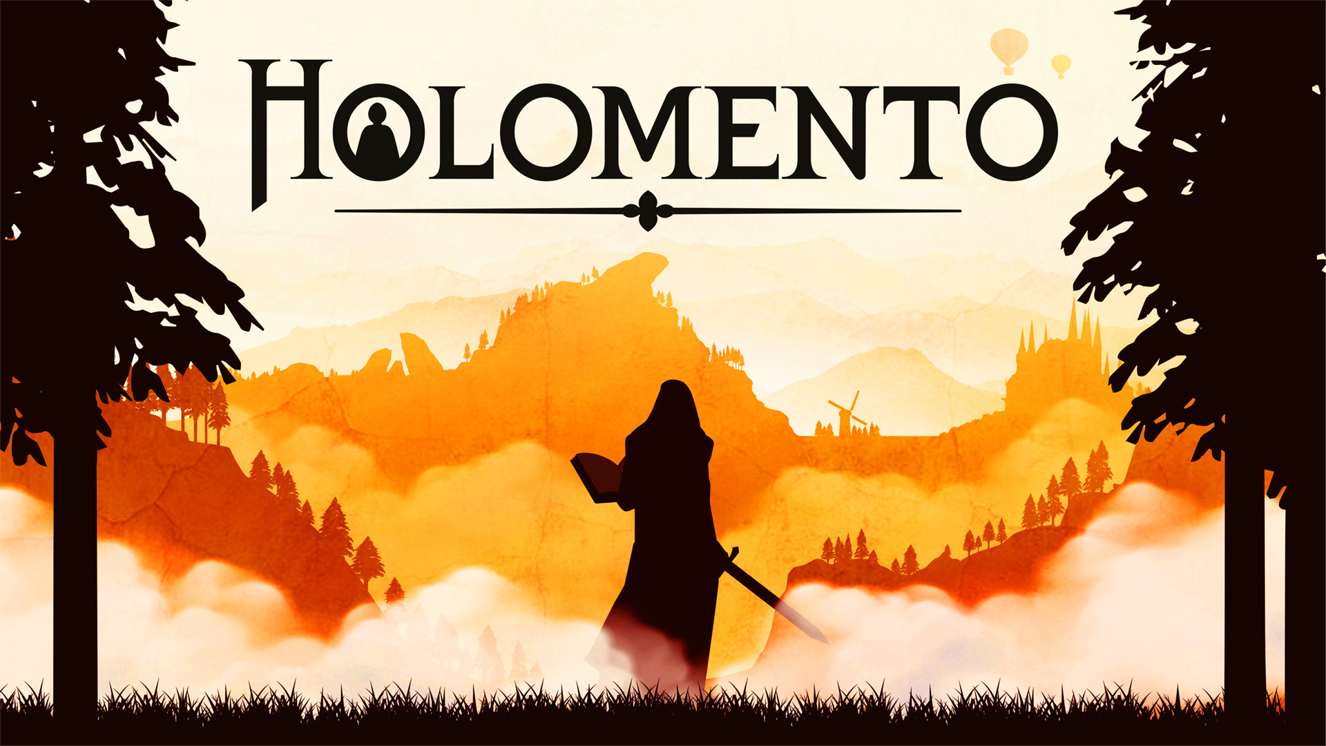 Character standing under the Holomento Logo