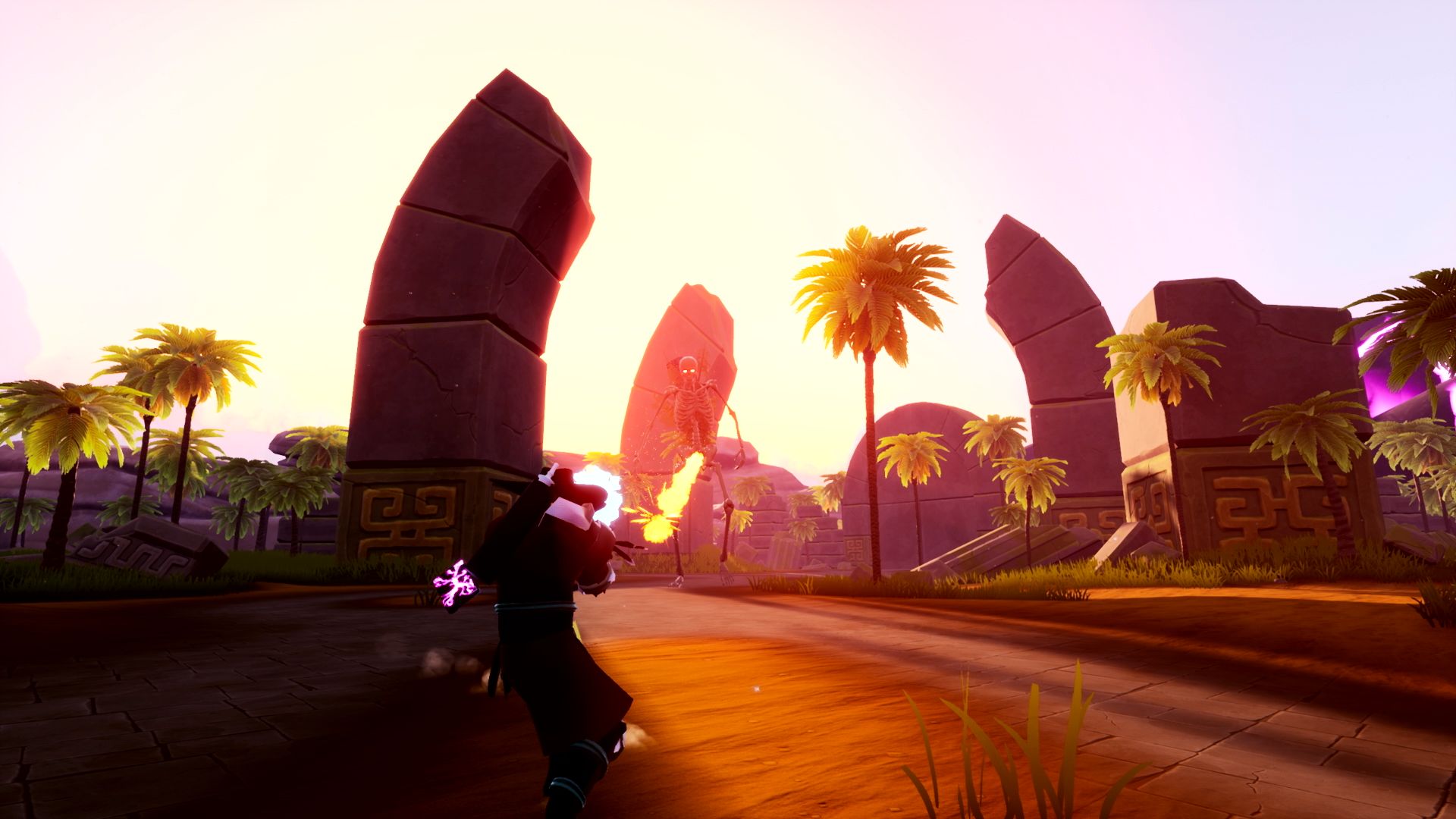 Holomento screenshot of a character shooting fire at a giant skeleton among ruins and palm trees at sunset.