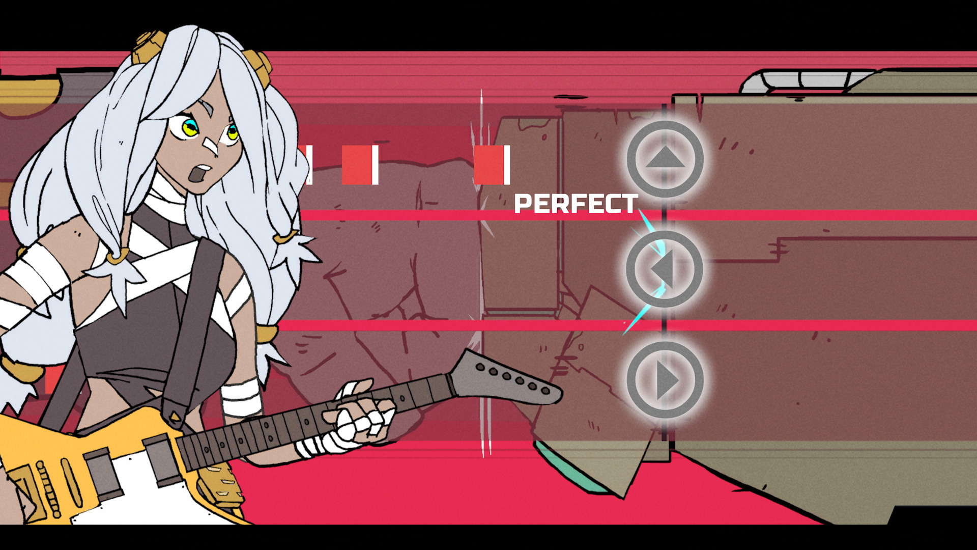 Infinite Guitars screenshot of a white-haired young woman rocking out on an electric guitar following on-screen notes.