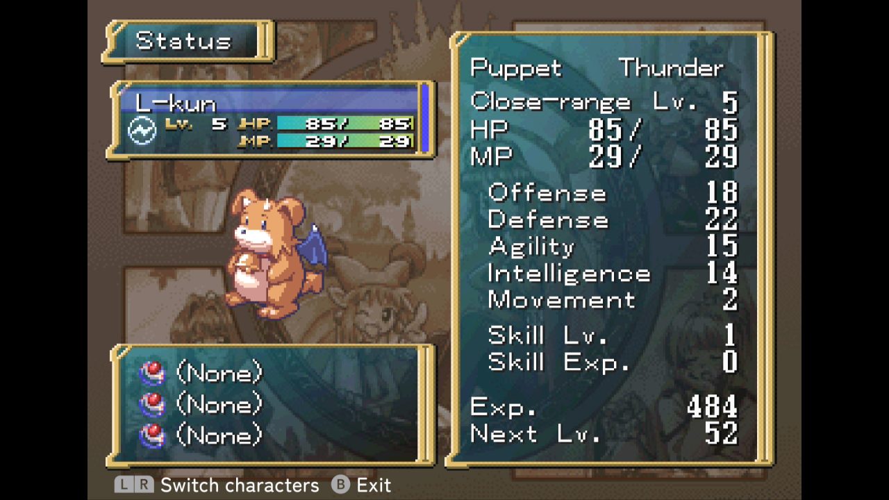 Rhapsody: A Musical Adventure party member L-kun displayed in the party screen.