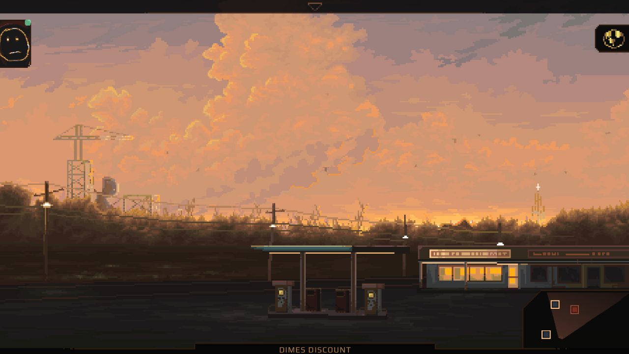 NORCO Screenshot of the Game's UI Near a Gas Station Beneath a Beautiful Pinkish Sky.