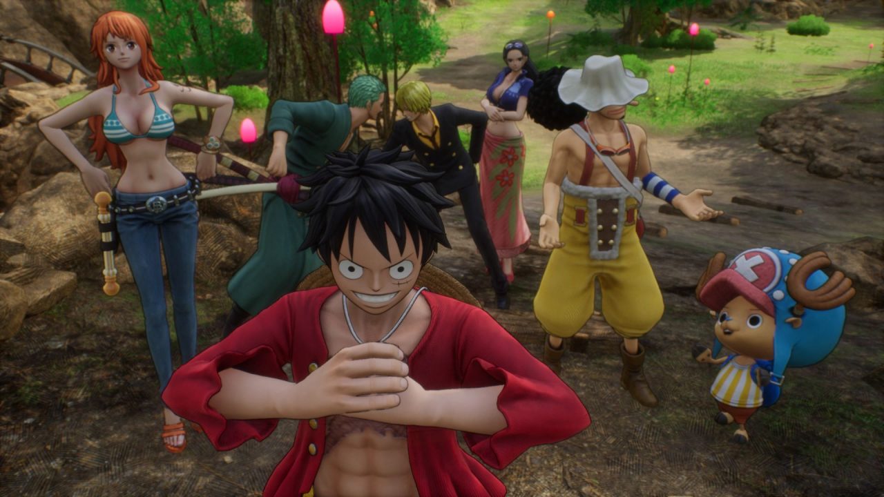 One Piece Odyssey screenshot of the cast facing the viewer, with the red jacket-clad protagonist clamping his fists together in determination.