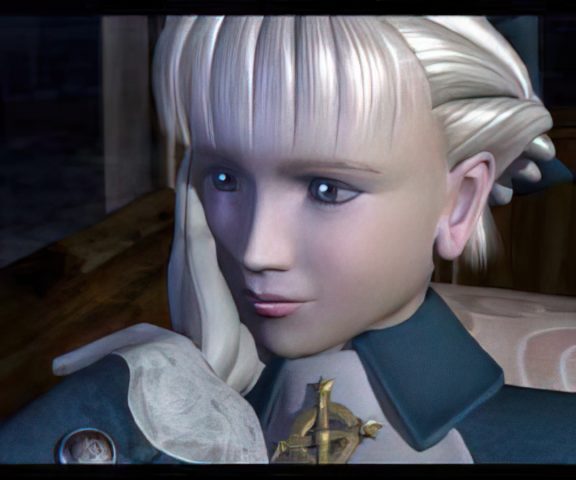 Alice from Shadow Hearts puts a gloved hand to her cheek.