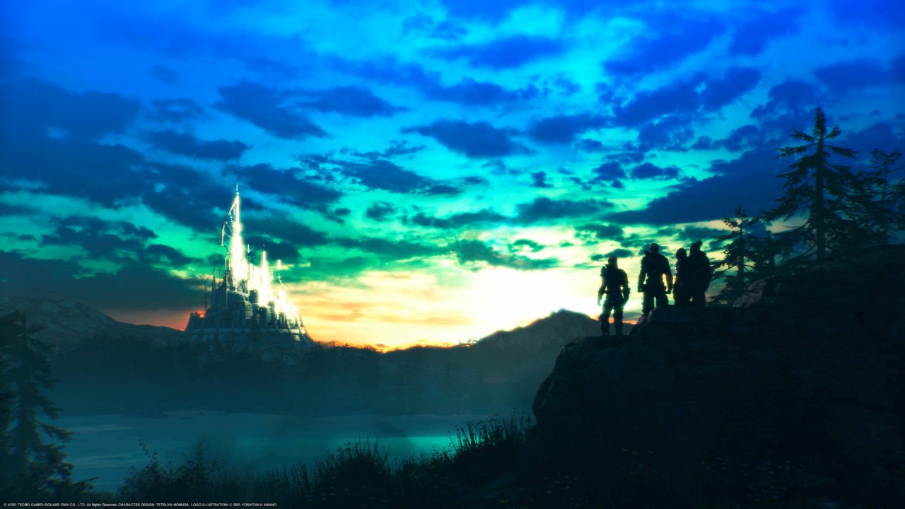 A sunset over a castle and a lake in Stranger of Paradise Final Fantasy Origin. Four silhouetted figures overlook it from a ridge.