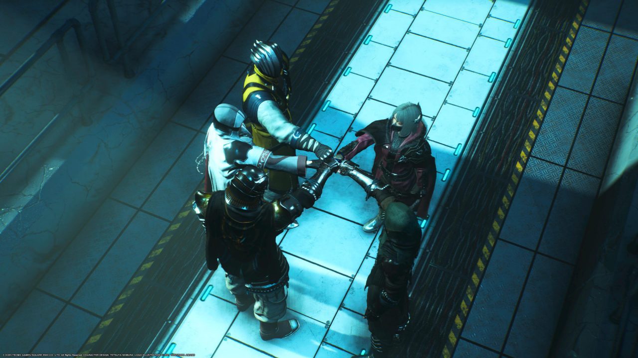 An overhead shot of five people fist bumping in Stranger of Paradise Final Fantasy Origin.