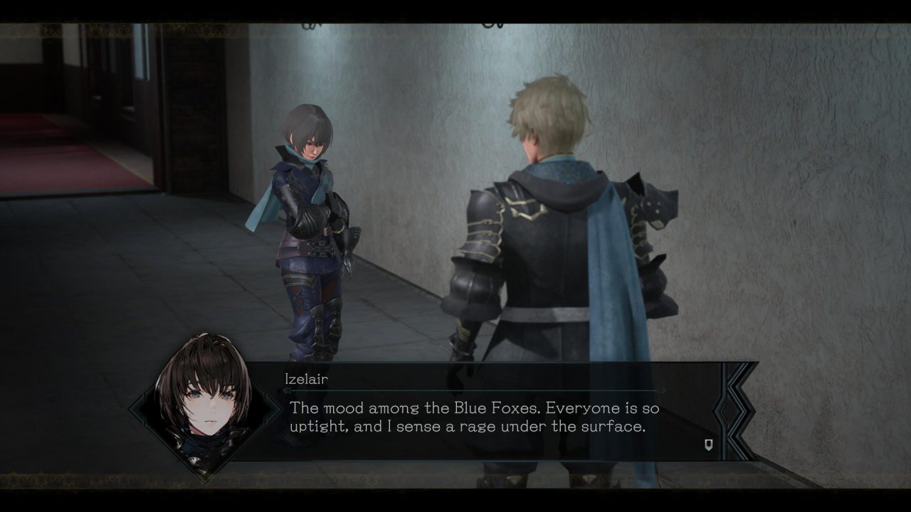 Two characters have a conversation about the current mood of the Blue Foxes in The DioField Chronicle.