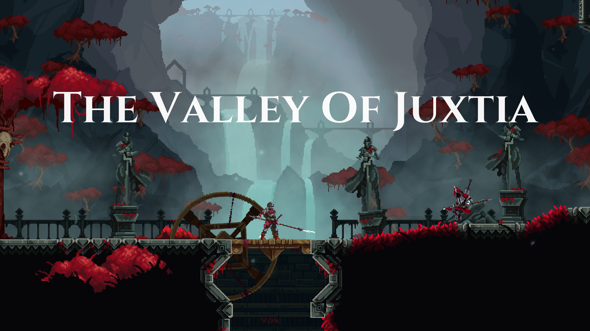 The Tarnishing of Juxtia screenshot of a spear-wielding knight in a rocky valley dotted with red foliage.