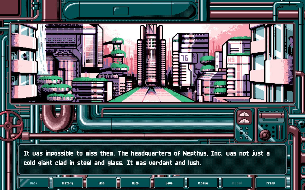 A screenshot of the headquarters of Nepthys, Inc. from Vengeful Heart.