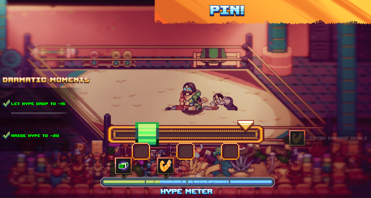 WrestleQuest characters battling in a wrestling ring with an audience cheering around them.
