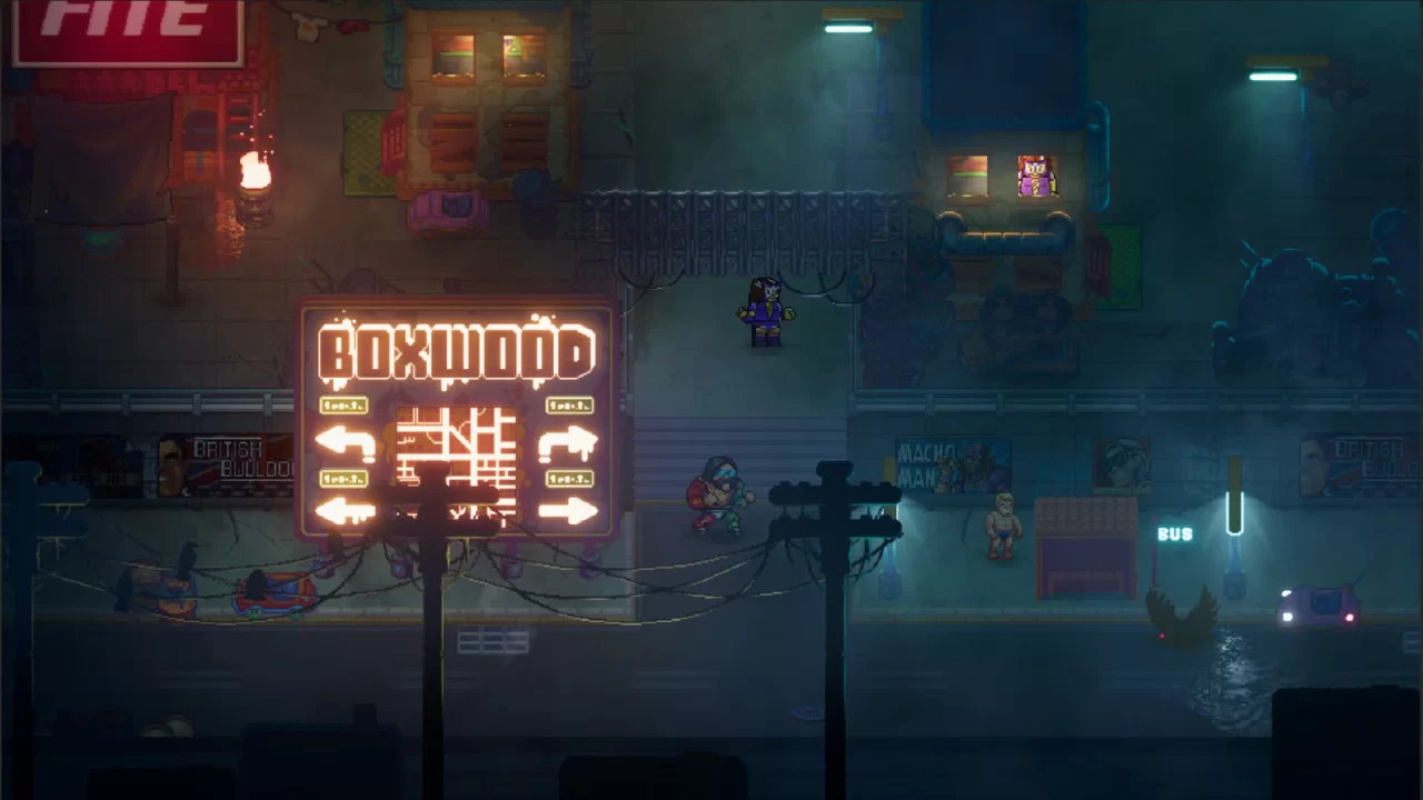 The gritty town of Boxwood in WrestleQuest.
