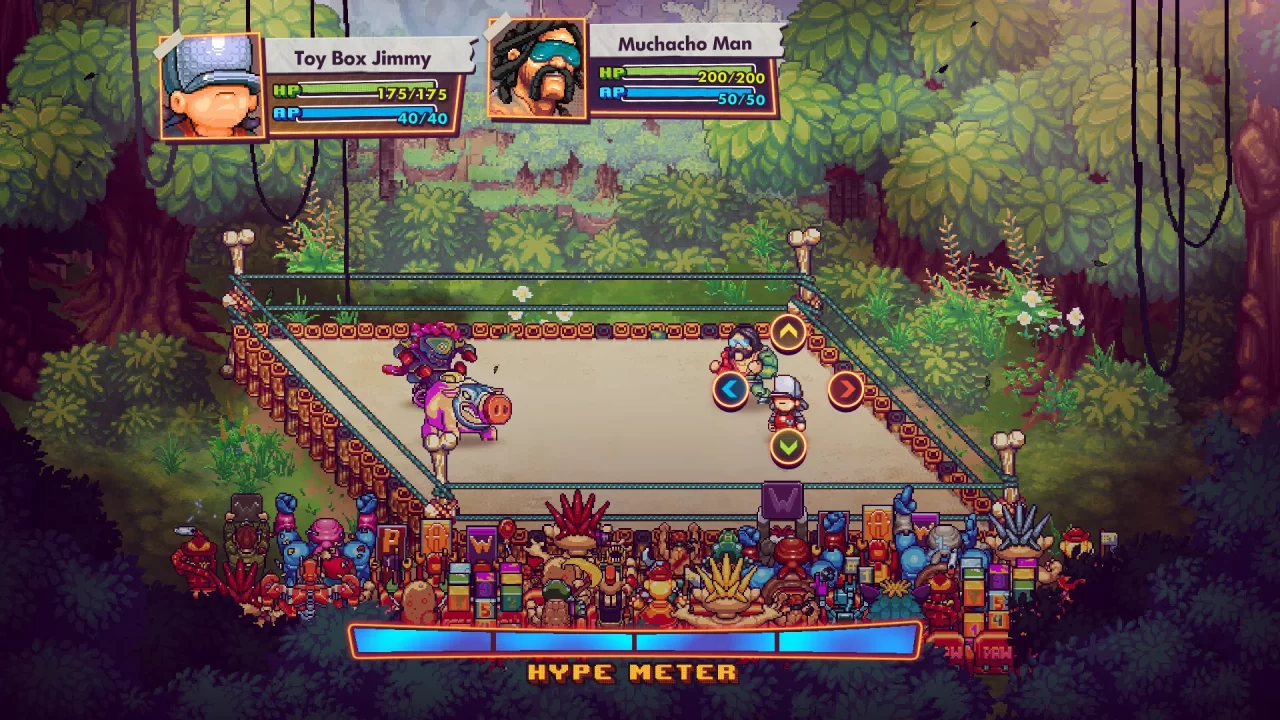 Screenshot of WrestleQuest featuring a team in a rainforest-themed ring with tropical foliage around and a full "hype meter" at the bottom of the screen.