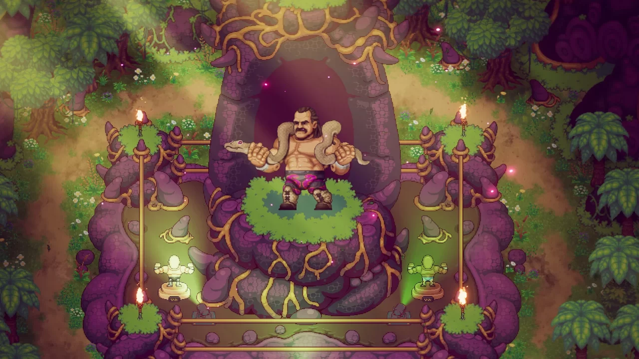 WrestleQuest Screenshot of a burly man with a huge snake draped across his shoulders standing on a serpentine jungle platform