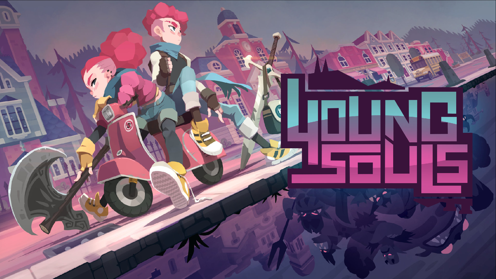 Young Souls artwork of two teenagers with attitude, wielding a sword and axe on a Vespa-like scooter in front of a school near the water.
