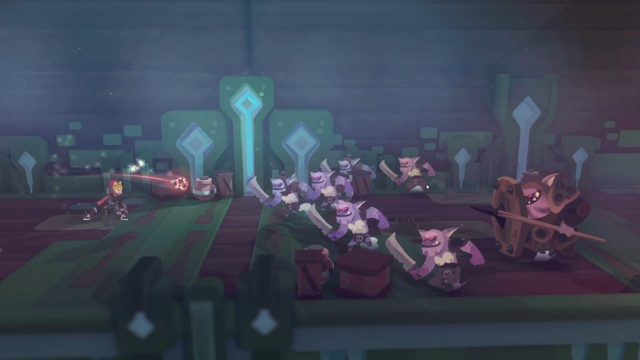 A twin throwing a bomb at a group of enemies in Young Souls.
