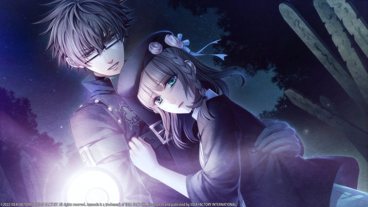 Amnesia: Later x Crowd screenshot of Kent holding the protagonist close. They're standing in a graveyard at night, and Kent is shining his flashlight forward.