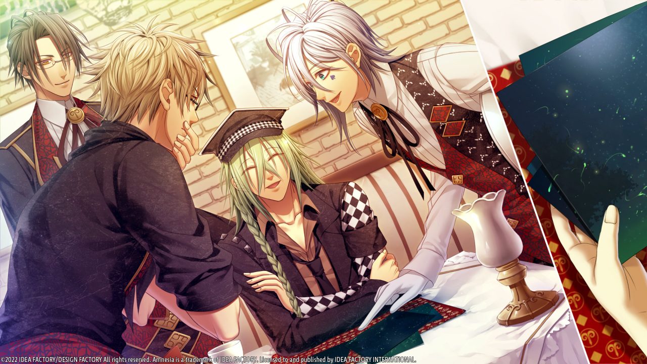 Amnesia: Later x Crowd screenshot of Waka, Kent, Ikki, and Ukyo gathered around Ukyo's photographs of fireflies.