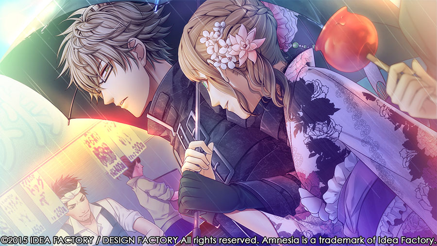 Amnesia: Memories screenshot of the protagonist in a yukata walking with Kent in the rain. They are holding an umbrella together.