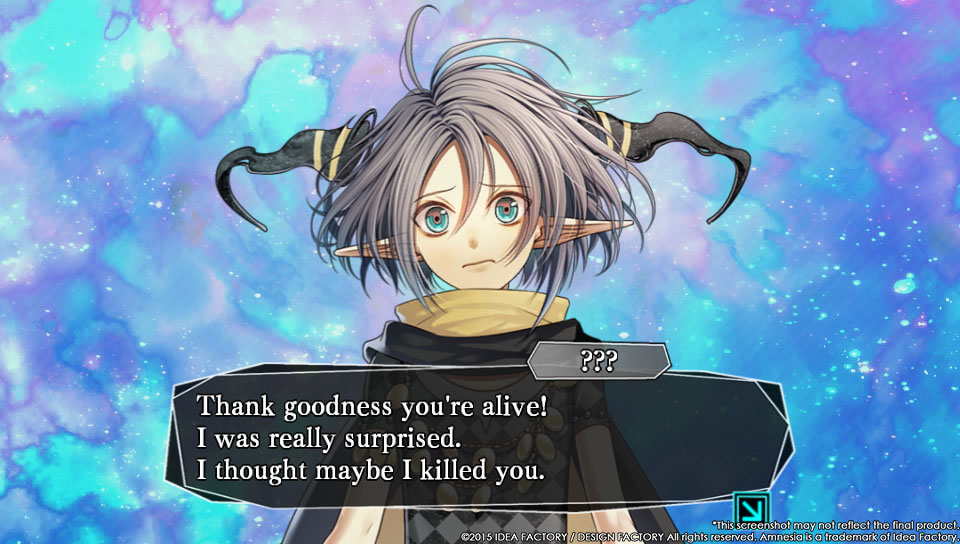 Amnesia: Memories screenshot of Orion speaking to the protagonist in the space between worlds. Orion's text box reads,"Thank goodness you're alive! I was really surprised. I thought maybe I killed you."