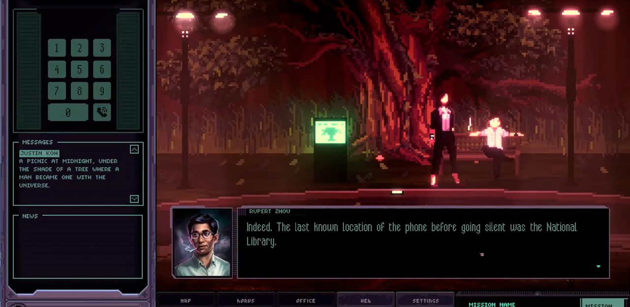 Chinatown Detective Agency Screenshot of Rupert Zhou Noting a Phone's Last Known Location Against a Neon Red Mood Setting Light