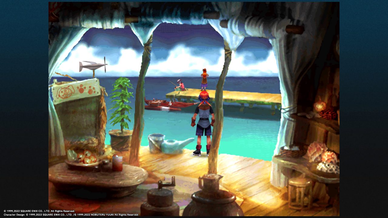 Chrono Cross: Radical Dreamers Edition. screenshot featuring a young man standing in a brightly lit seaside structure observing a dock where a young woman gazes out on the ocean and an old man fishes.