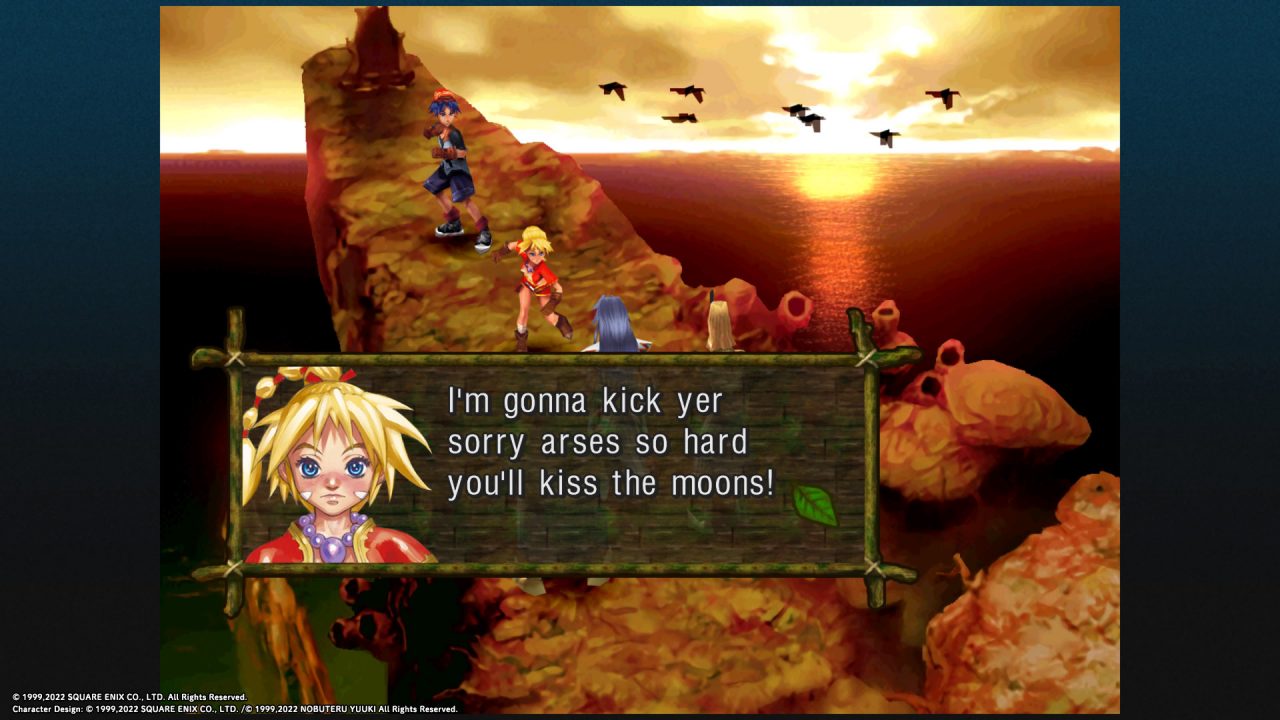 A young woman and a young man face three men on a cliffside in Chrono Cross: Radical Dreamers Edition. The woman says "I'm gonna kick yer sorry arses so hard you'll kiss the moon!"