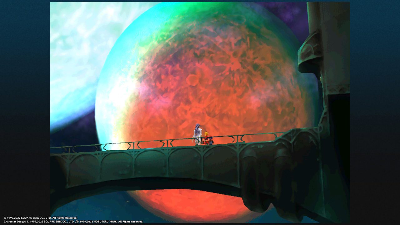 Three characters gaze at a red moon from a bridge in Chrono Cross: Radical Dreamers Edition.