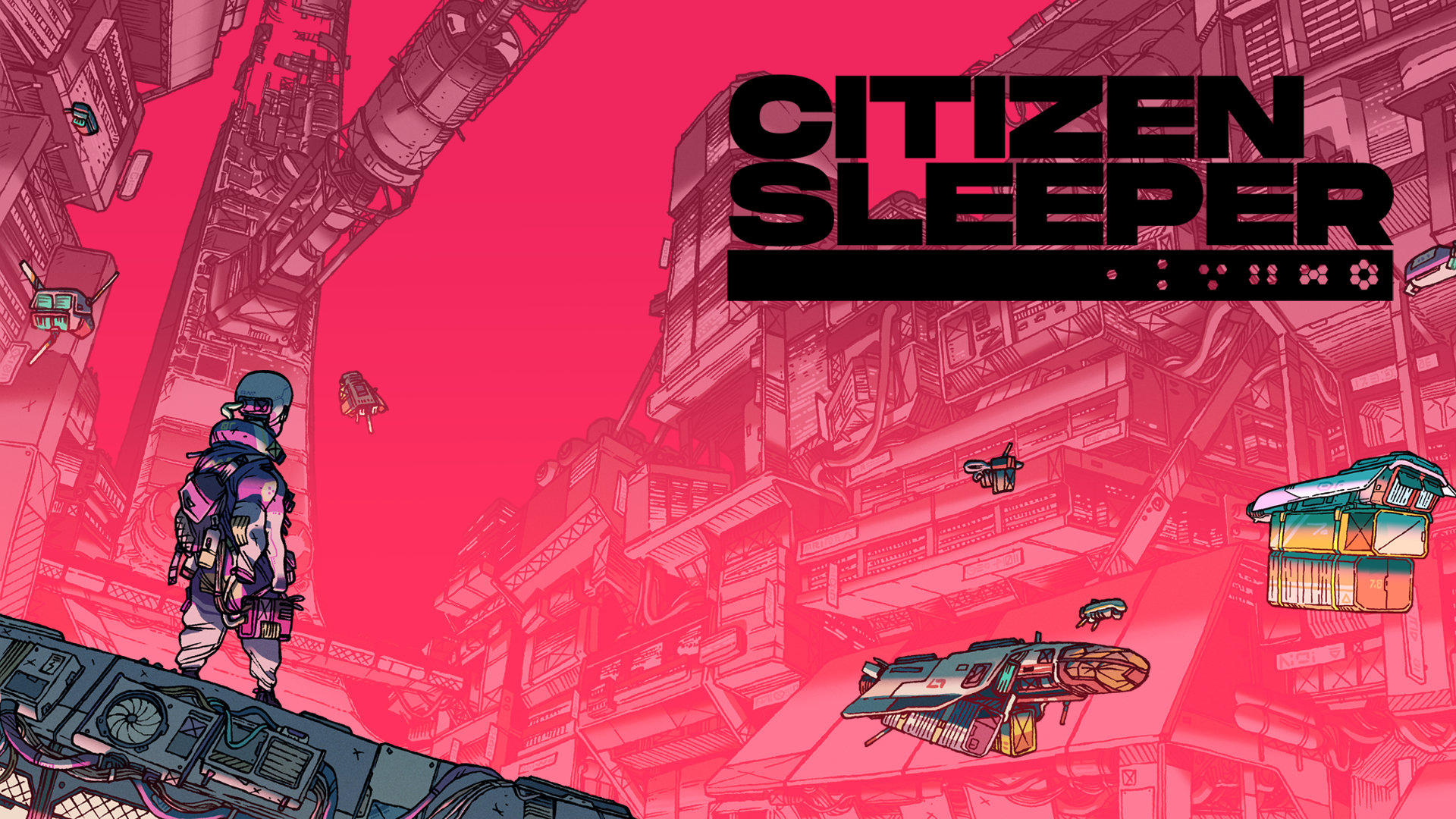 Citizen Sleeper artwork of a lone figure in a cyberpunk metal city with the game's logo in the corner.