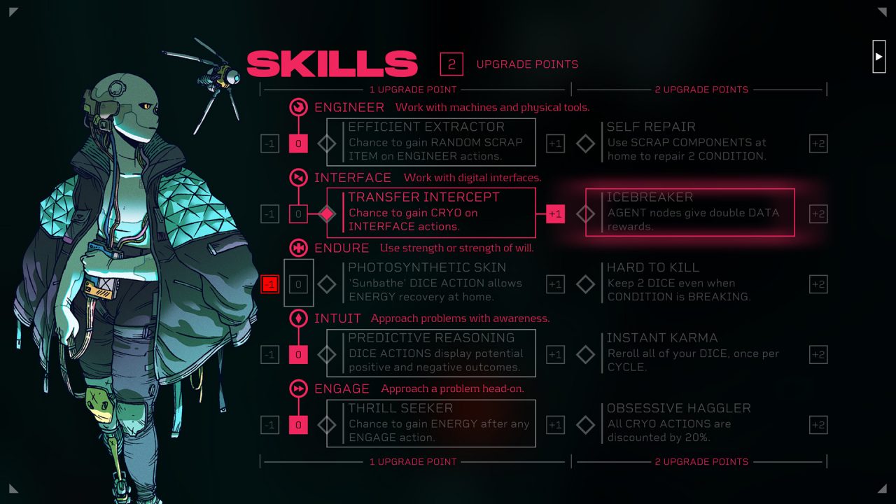 Operator class character sheet in Citizen Sleeper with skills listed: Engineer, Interface, Endure, Intuit, Engage. 