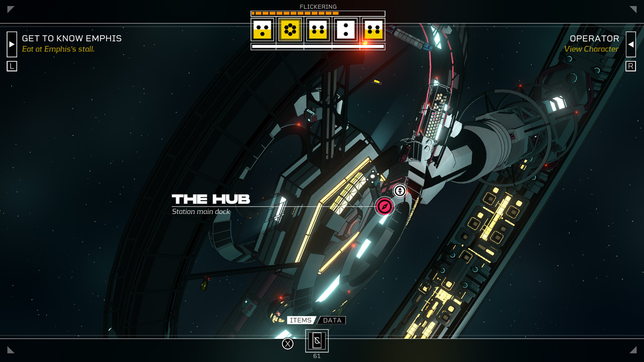Citizen Sleeper Screenshot of Dim Lighting and Player UI