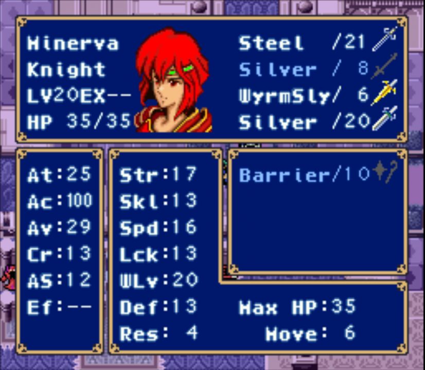 Stats are shown for a character in Fire Emblem: Mystery of the Emblem.