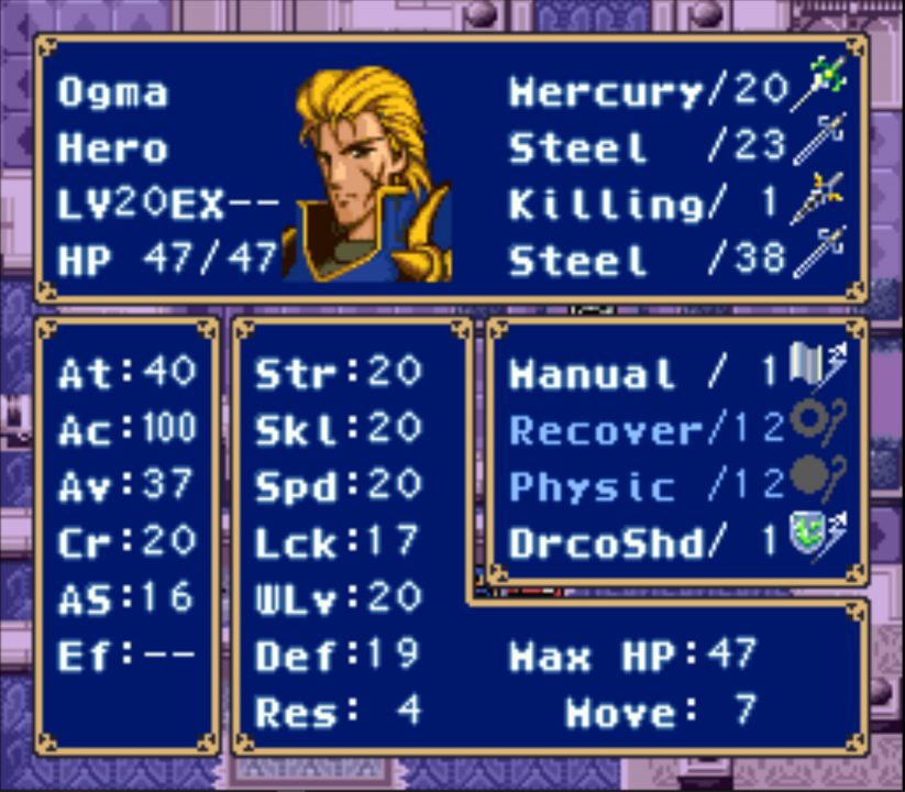 Ogma's stats are shown in Fire Emblem: Myster of the Emblem.