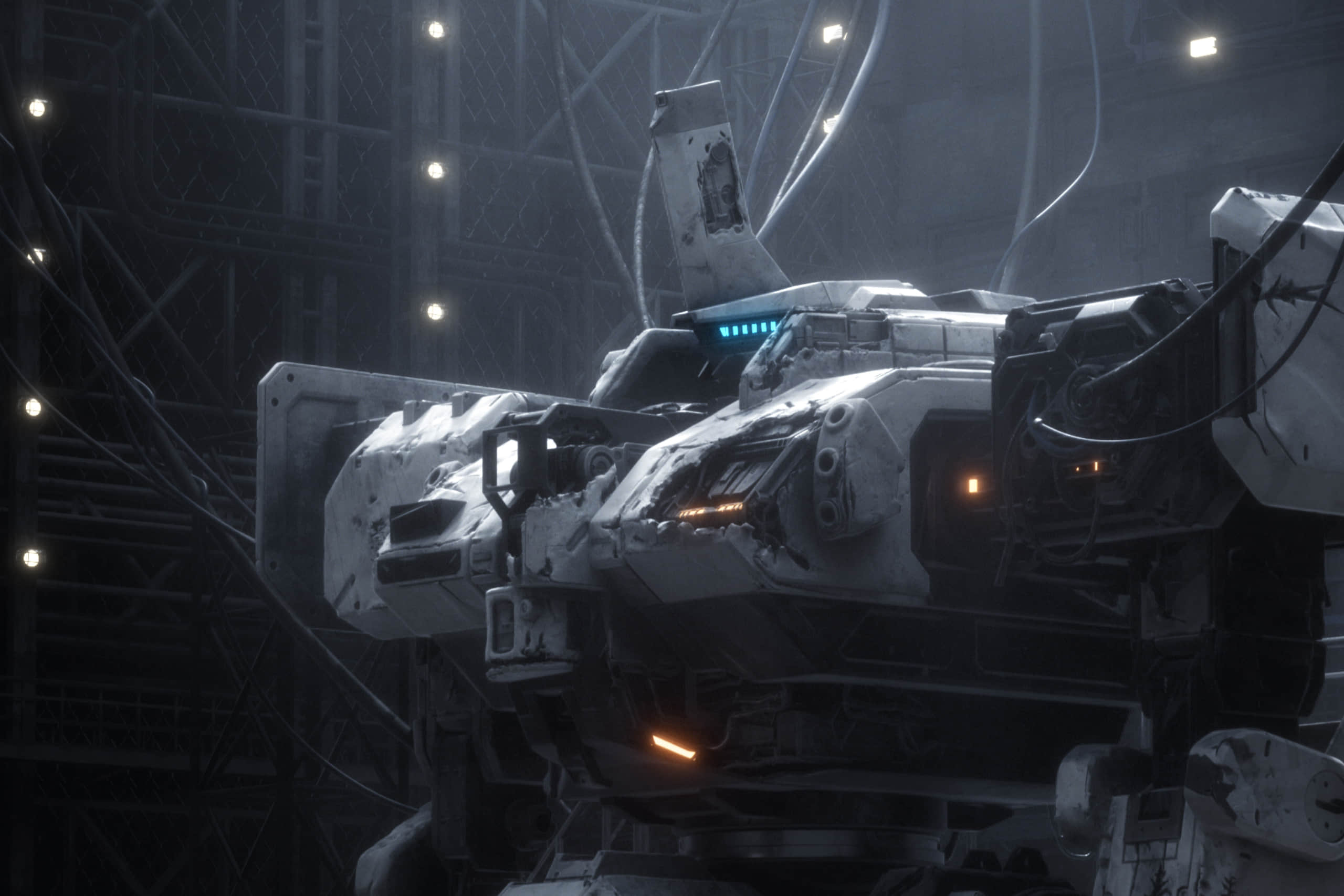 Front Mission 2089 Borderscape Artwork of a giant mecha in a hangar