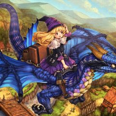 GrimGrimoire OnceMore screenshot of a young girl with curly blonde hair and a medieval frilly dress and hat riding a scaly dragon in the air above a little mountain village.