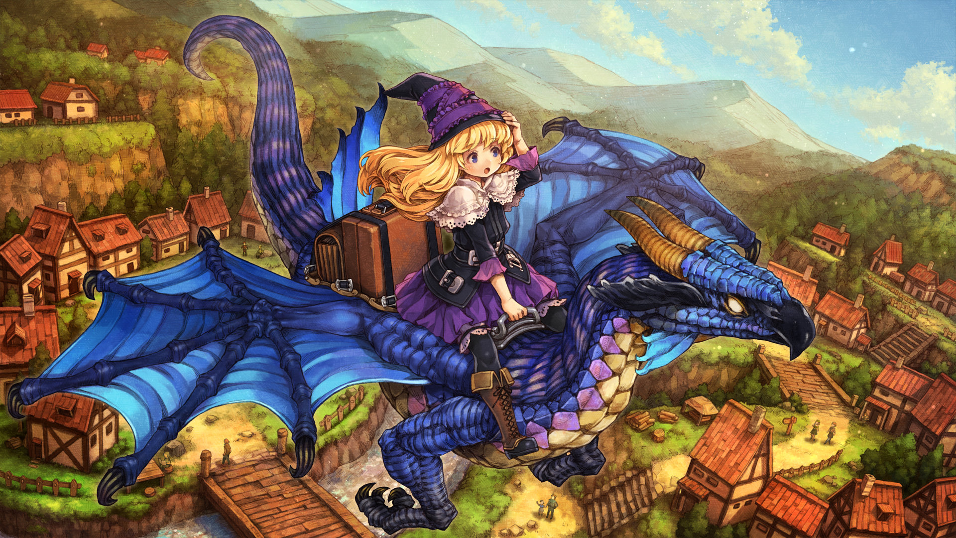 GrimGrimoire OnceMore screenshot of a young girl with curly blonde hair and a medieval frilly dress and hat riding a scaly dragon in the air above a little mountain village.