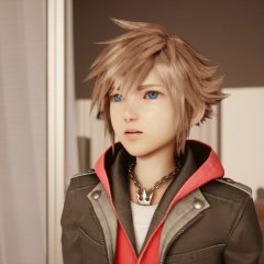 A screenshot of Kingdom Hearts IV, depicting series protagonist Sora standing in front of an open sliding door. He wears a black and red hoodie.