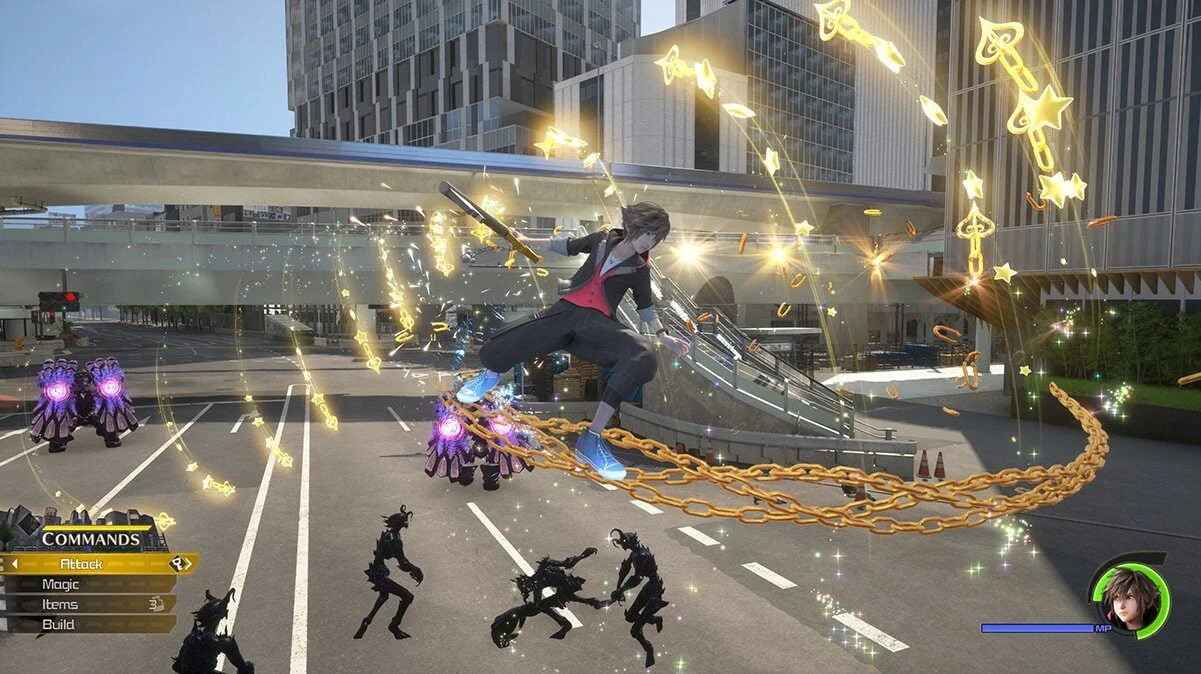 Sora gliding on golden chains in a modern city with Heartless on the ground.