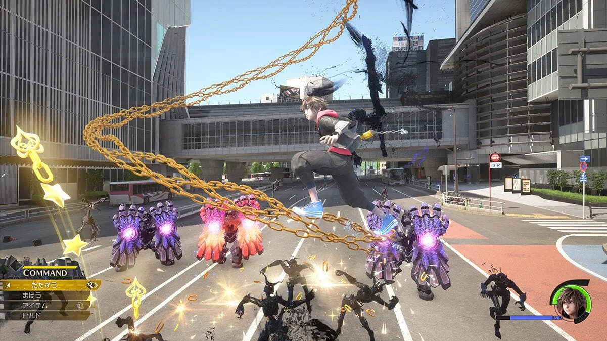 Sora gliding on golden chains in a modern city with Heartless on the ground.