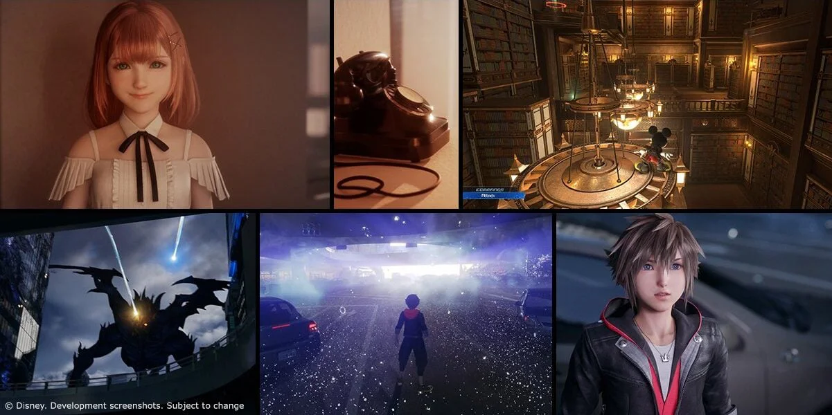 A collage of characters and scenes in Kingdom Hearts IV, including Sora, Mickey Mouse, and Heartless.