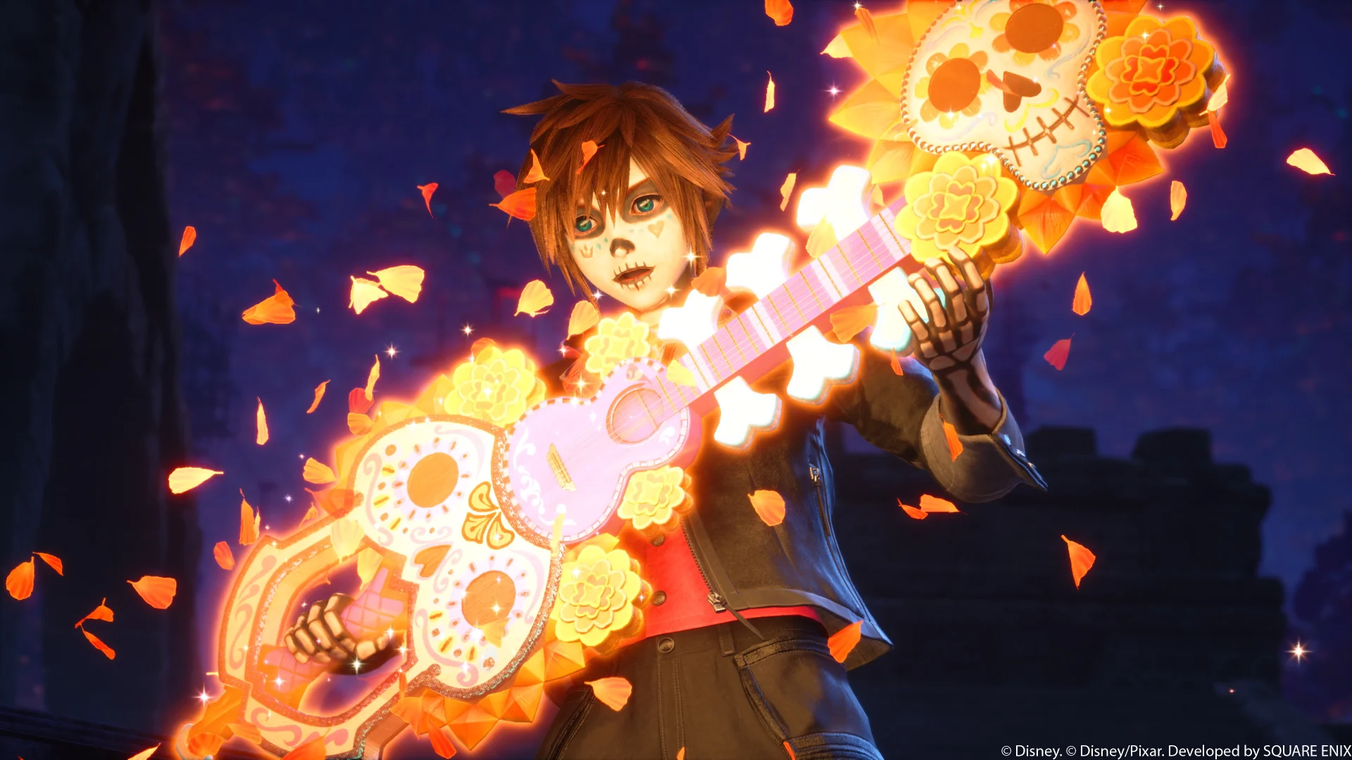 Sora wielding a Calavera-themed Keyblade from the Coco world in Kingdom Hearts IV