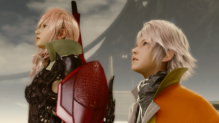 Lightning and Hope staring off into the distance together in Final Fantasy XIII.