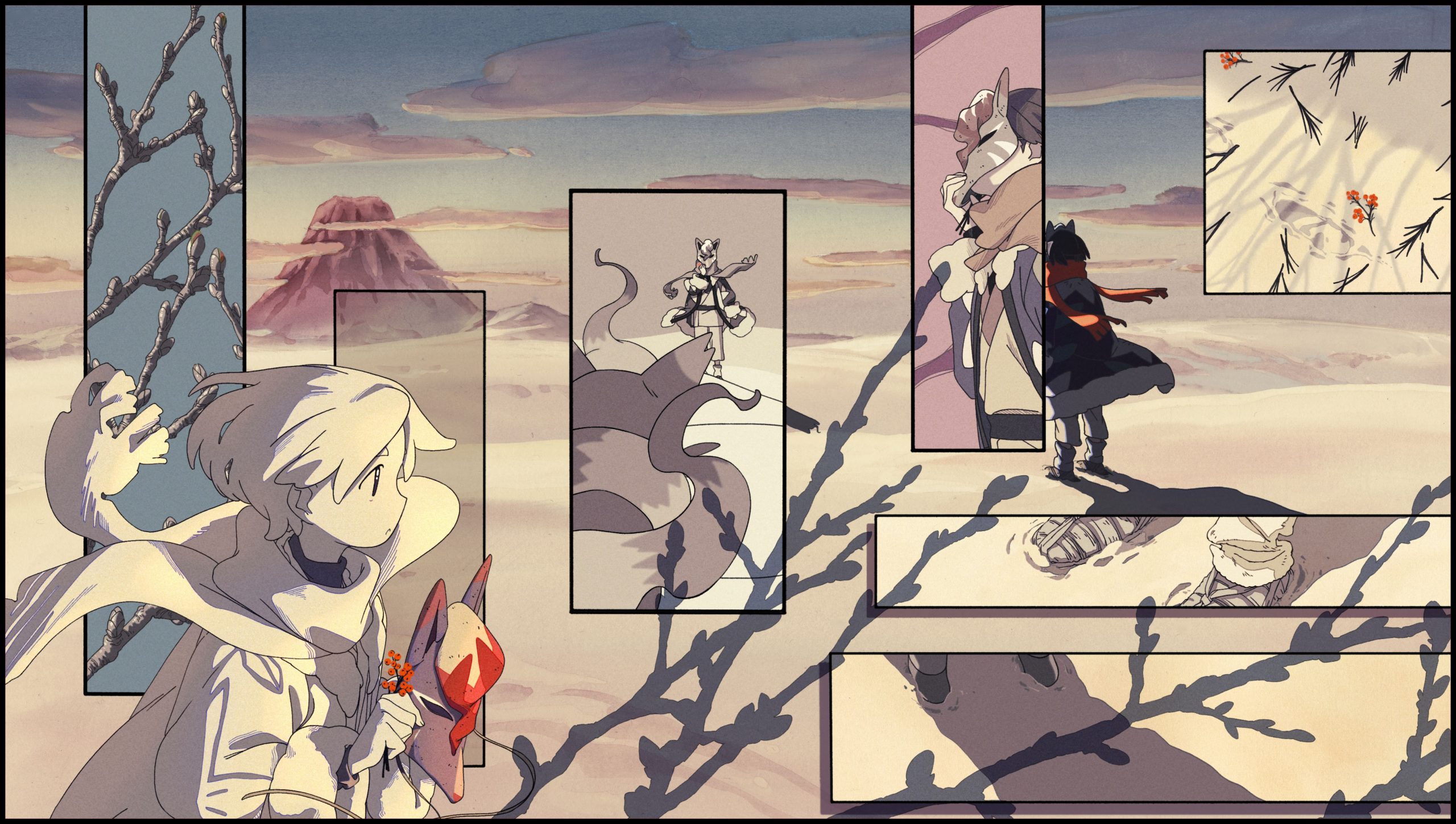 A piece of artwork depicting Alec-the protagonist of Pokémon: Hisuian Snow-walking across a snowy landscape, separated by panels of fire and mountains reminiscent of inkbrush Japanese paintings.