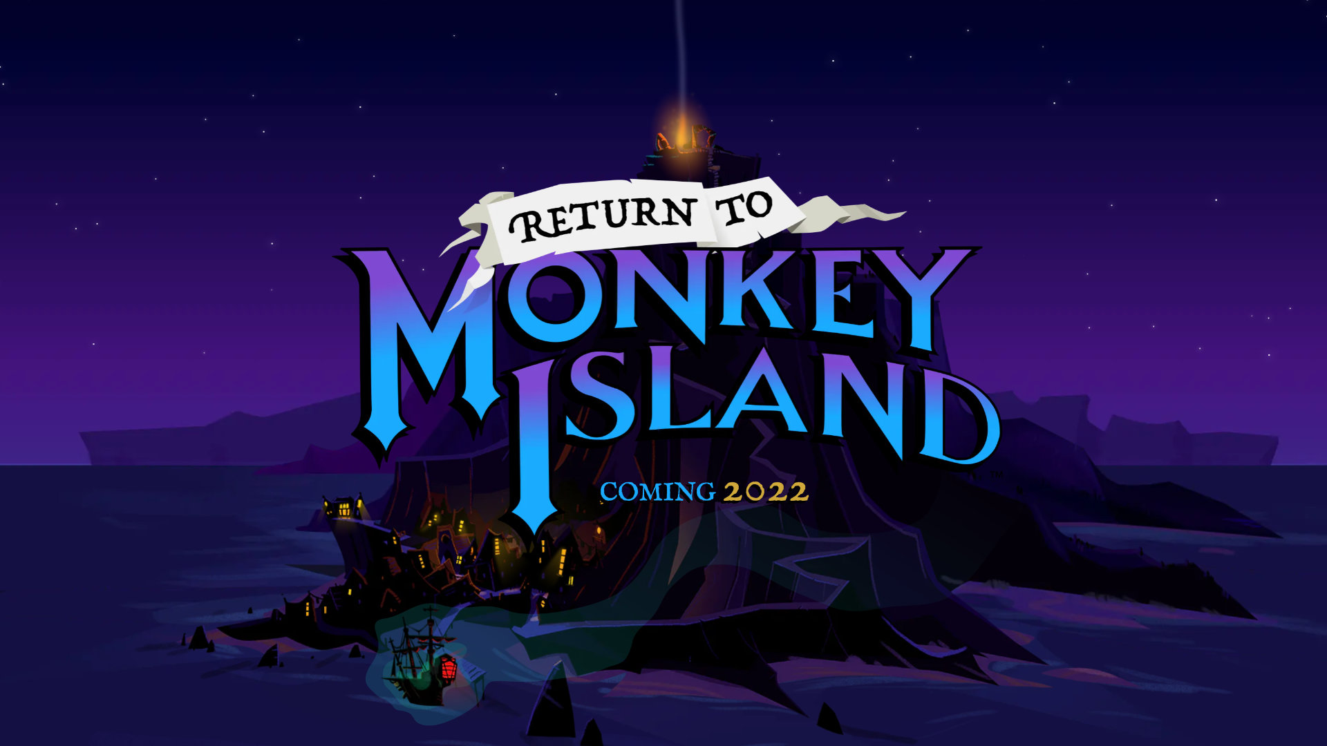 Return to Monkey Island logo over a volcano-like rocky island at night with a small village and pirate ship near the base.