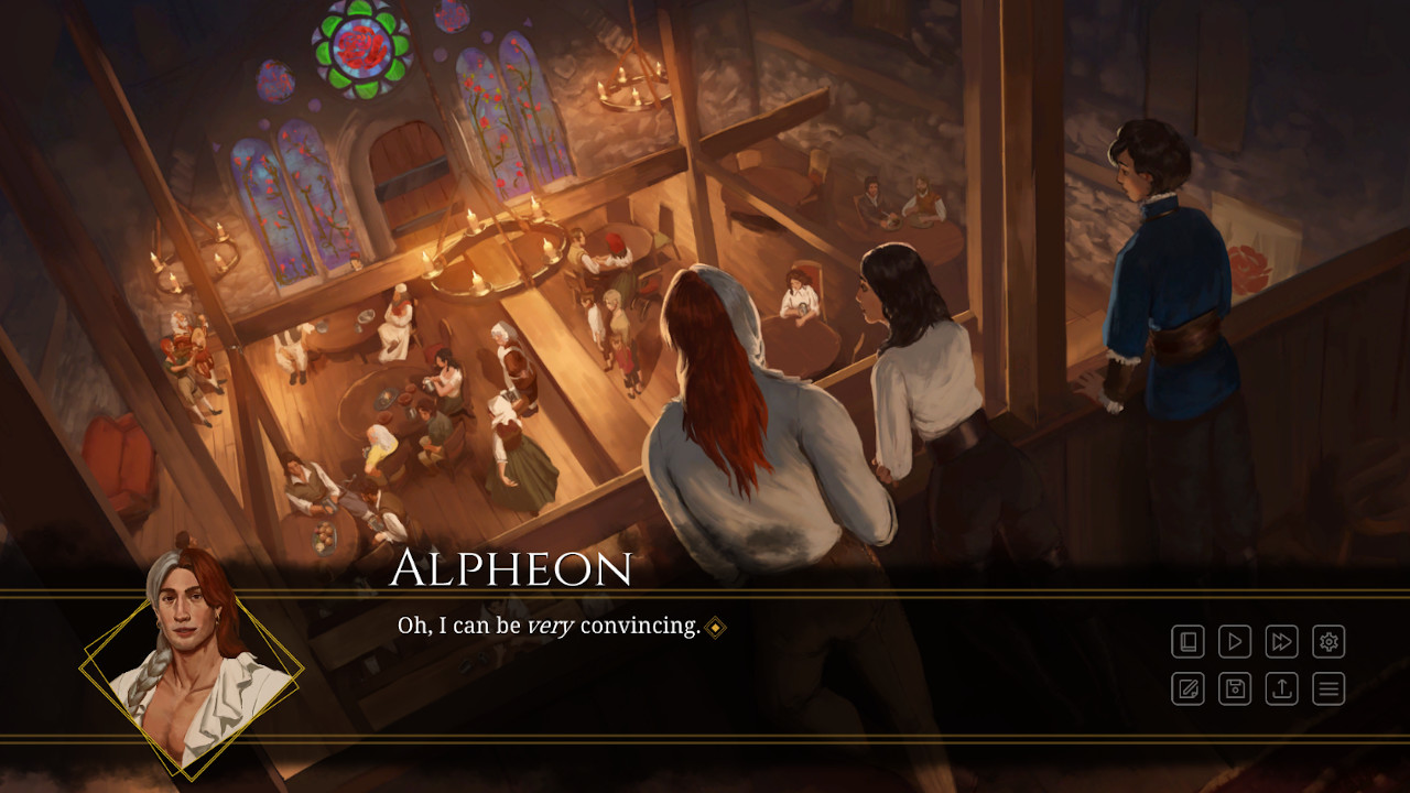 A CG screenshot from Sigh of the Abyss: Shadow Bonds Prologue with the group looking down on a seating area from above.