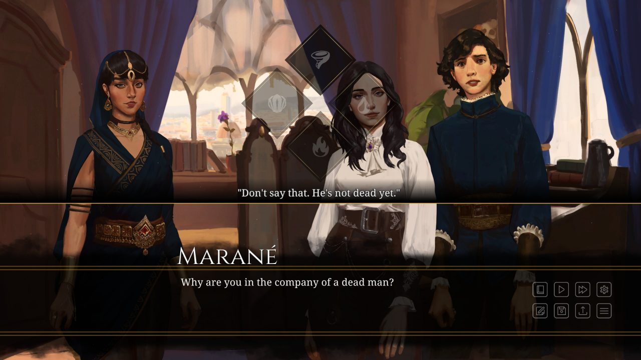 A dialogue screenshot from Sigh of the Abyss: Shadow Bonds Prologue with two characters discussing another's fate.